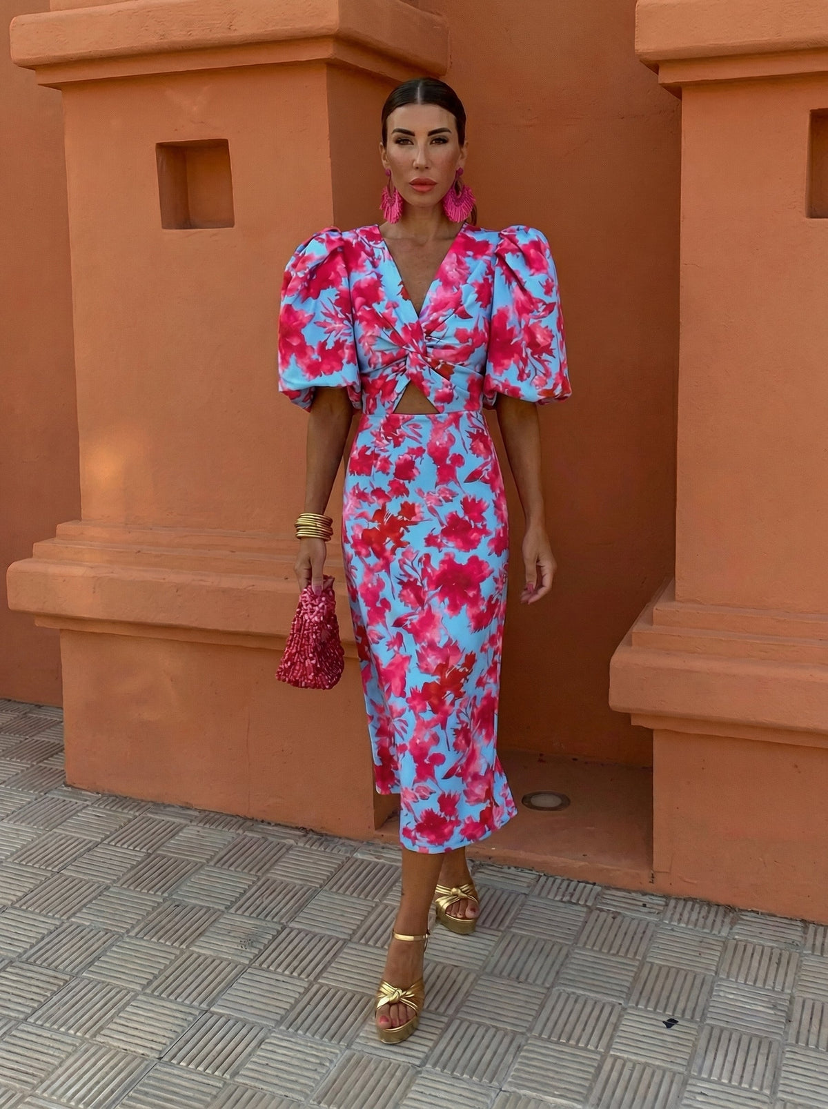Carla | Vestido Midi Estampado con Mangas Abullonadas